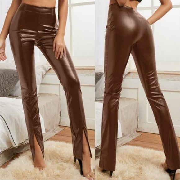 Brown High Waist Slit Hem PU Leather Pants - Picture 6 of 9